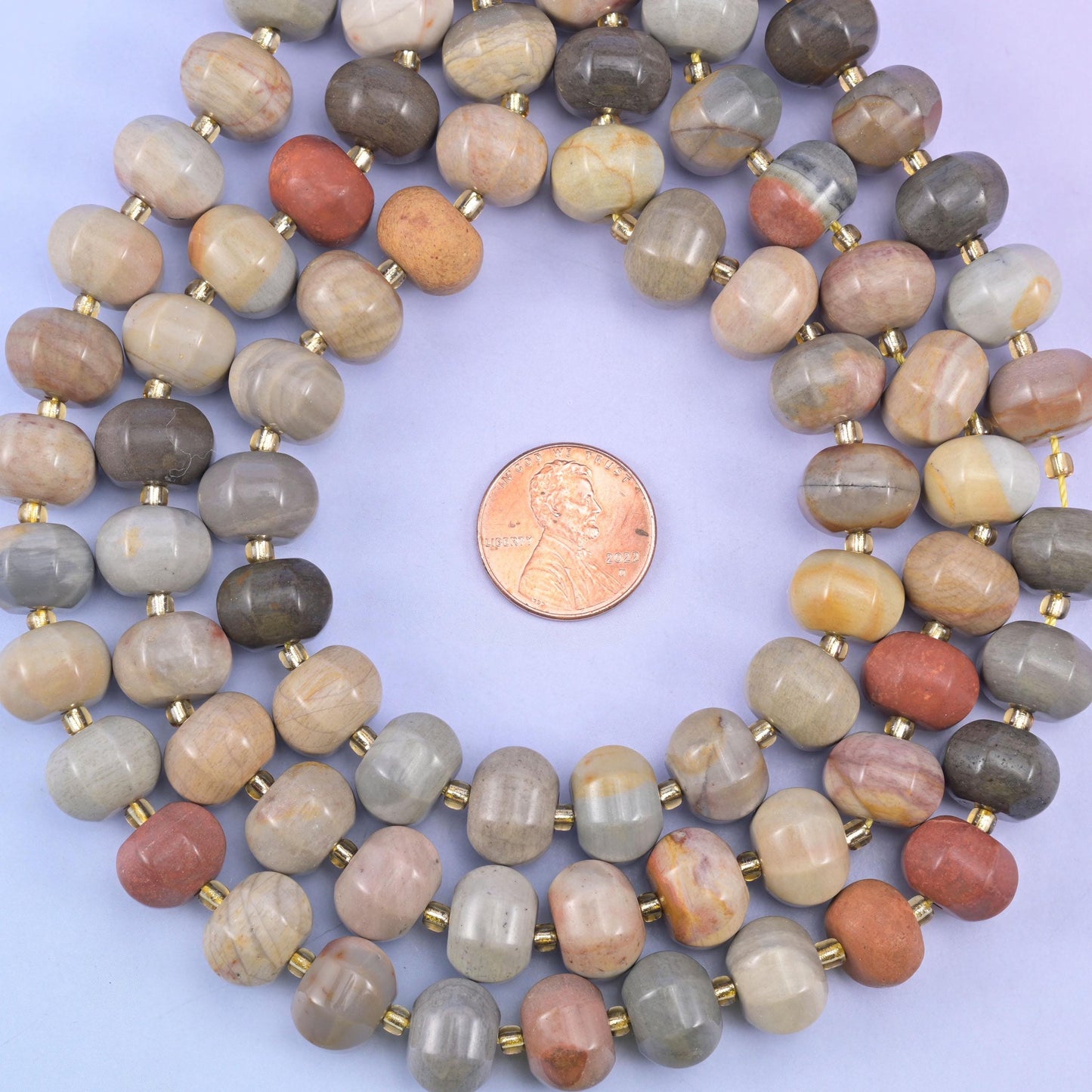 American picture jasper smooth pumpkin beads with natural landscape-like patterns in gray, tan and brown