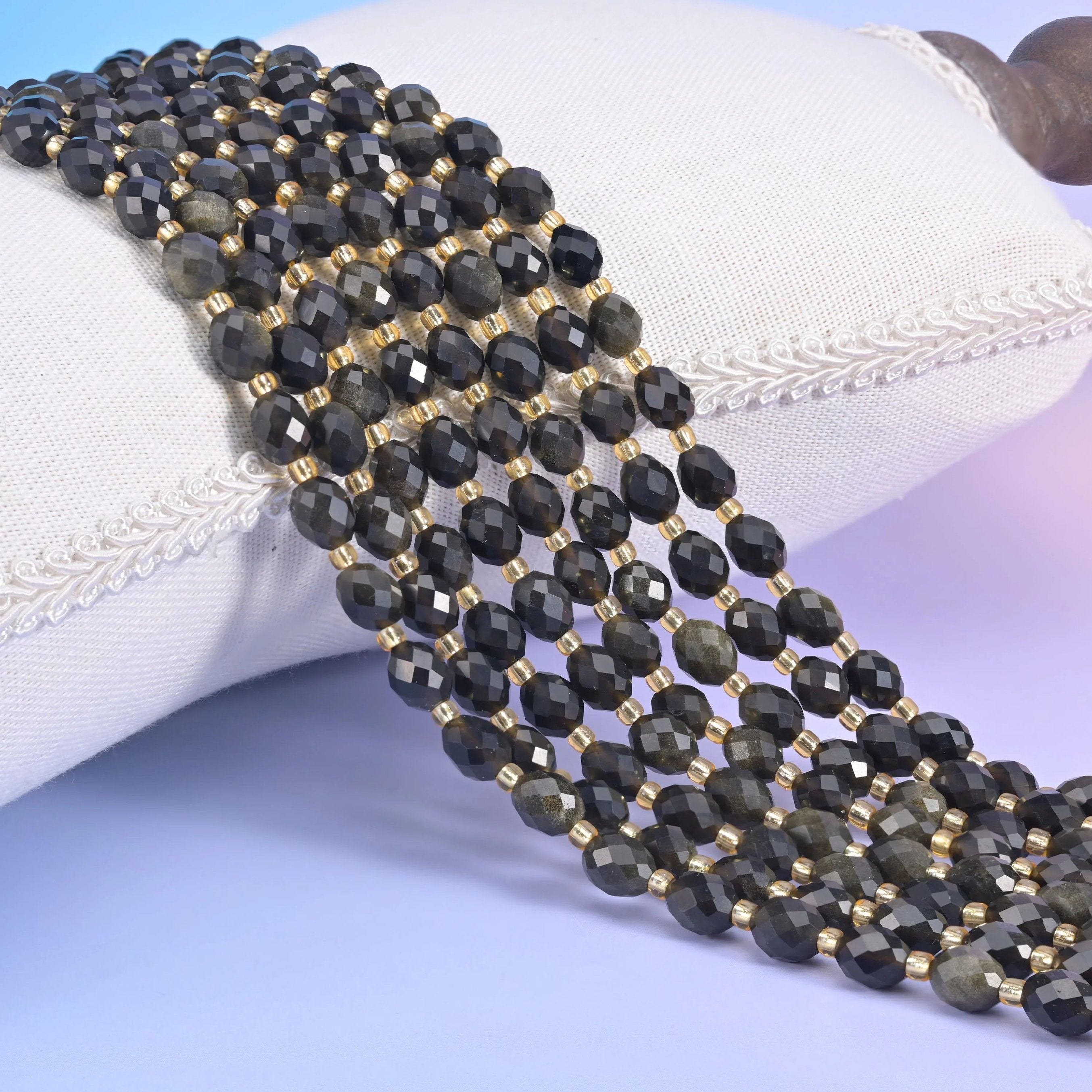 Gold Obsidian Faceted Rice Barrel Beads