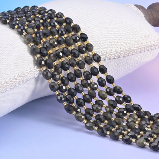 Gold Obsidian Faceted Rice Barrel Beads