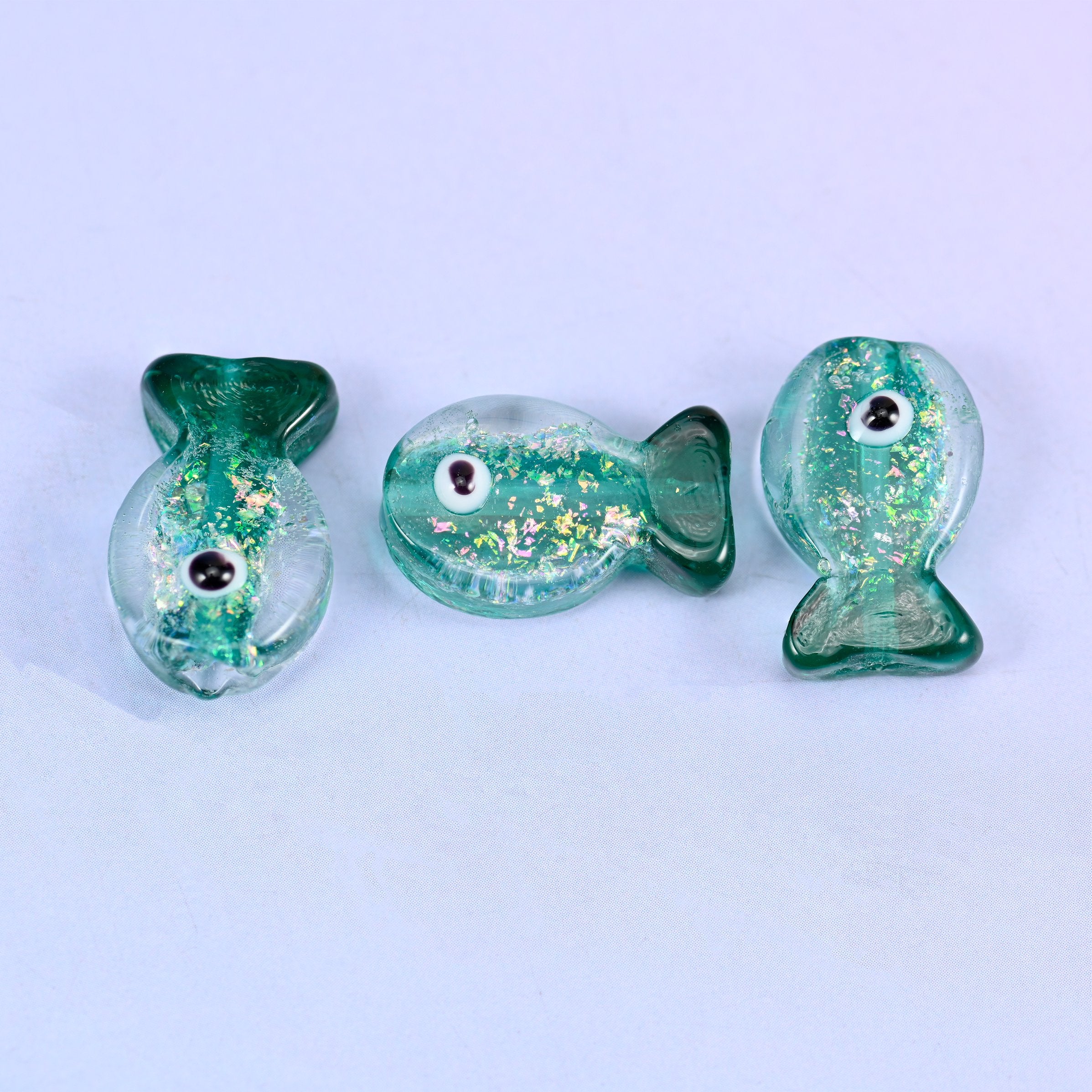 Iridescent Green Fish Glass Beads: Jewelry Making Supply