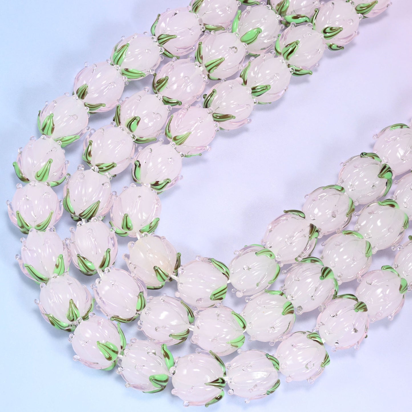 Light pink tulip flower bud lampwork glass beads, 11 inch strand