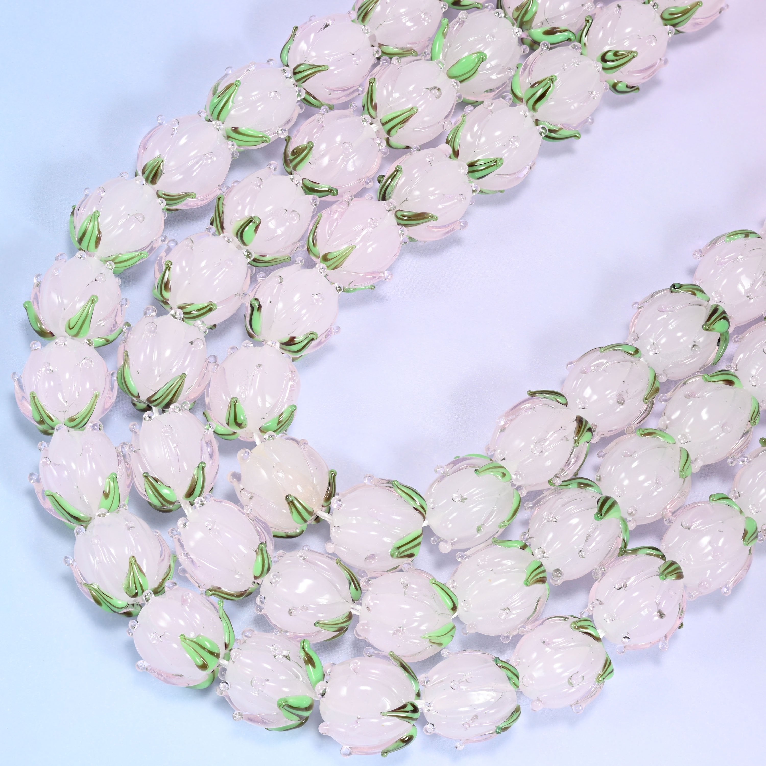 Light pink tulip flower bud lampwork glass beads, 11 inch strand
