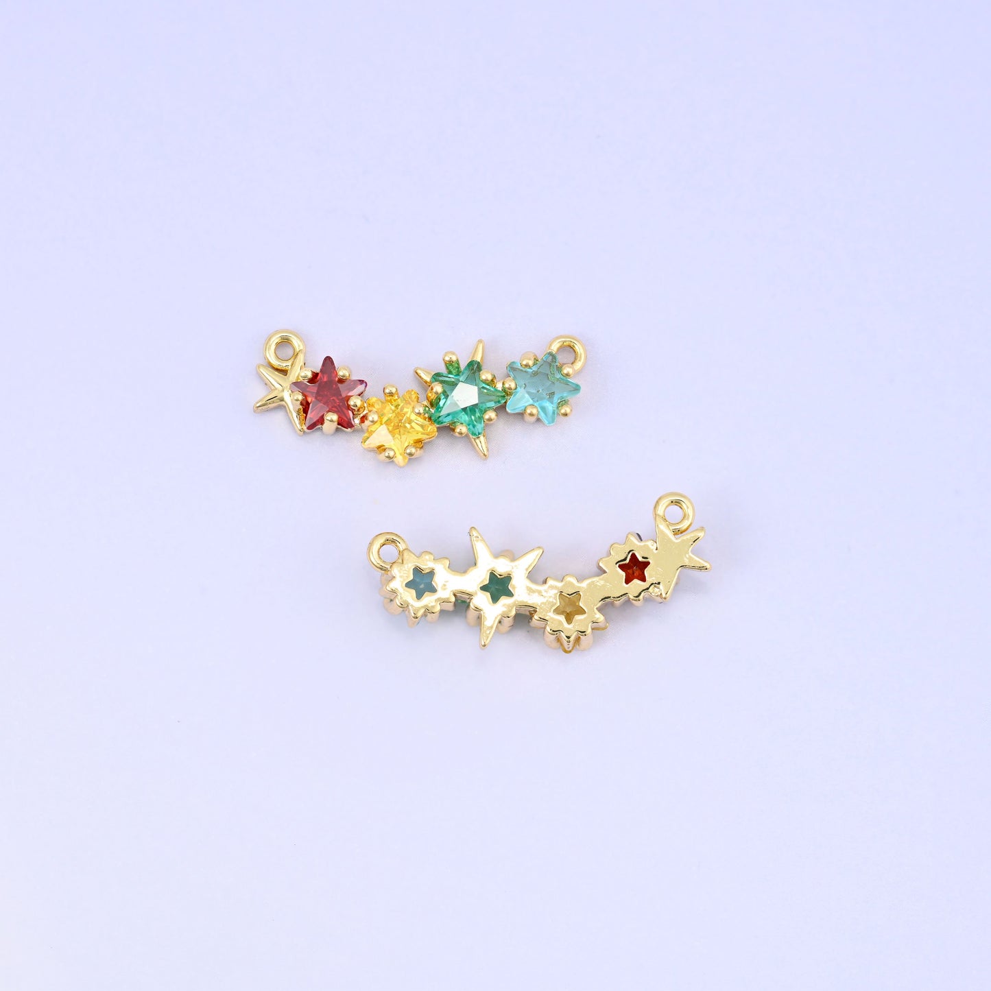 Multicolor 4 Stars Zircon Connector Pendants: 18K Gold Plated, Jewelry Making Supply
