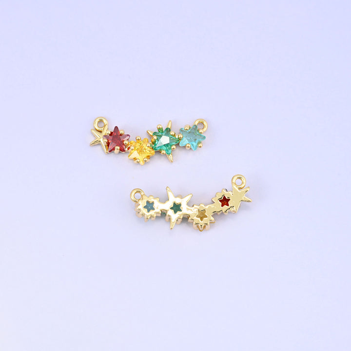 Multicolor 4 Stars Zircon Connector Pendants: 18K Gold Plated, Jewelry Making Supply