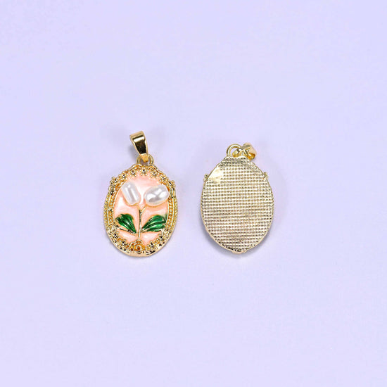 Enamel Oval Tulip Flower Pendants front and back, the peach enamel face beside the plain cross-hatched gold plated reverse.