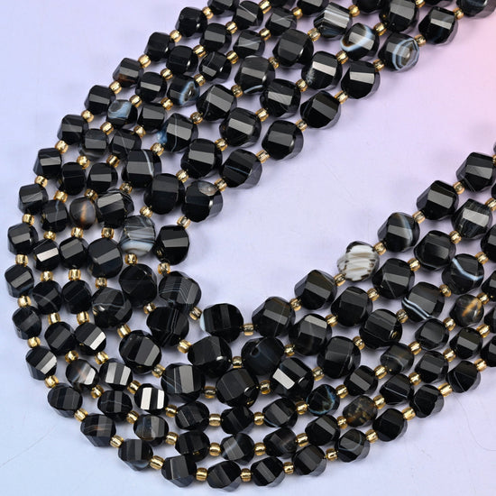 Dyed Black Strip Agate Faceted Spiral Twist Beads, 15 inch strand