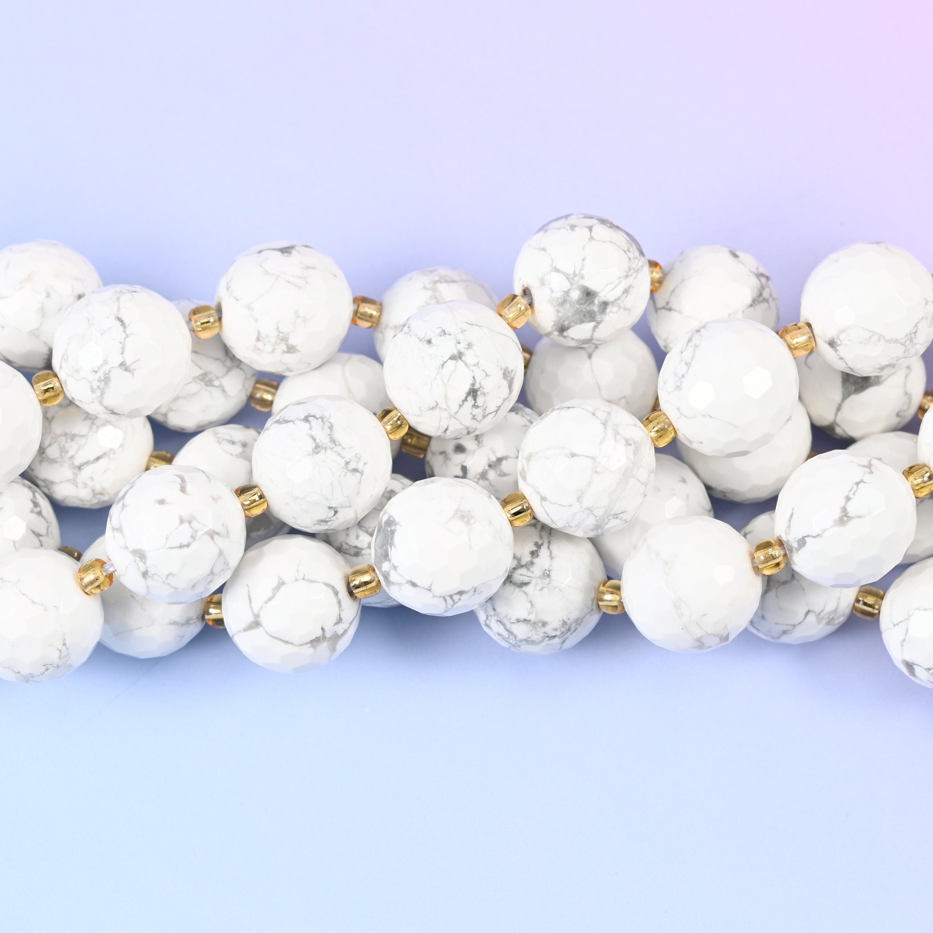 White howlite faceted round beads, 15 inch strand