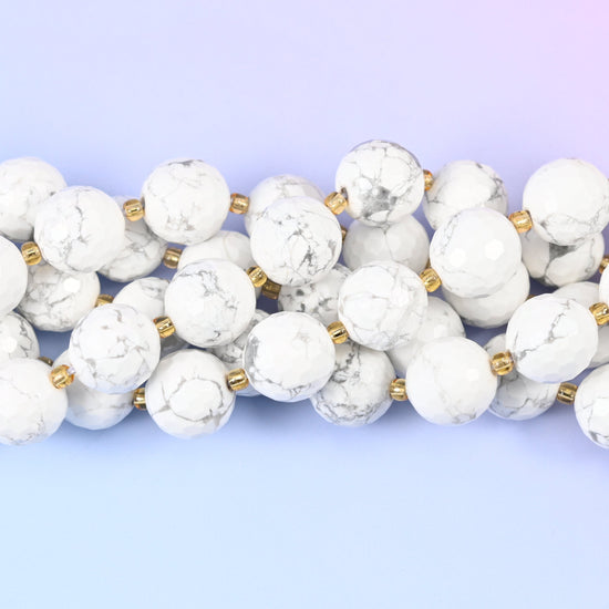 White howlite faceted round beads, 15 inch strand