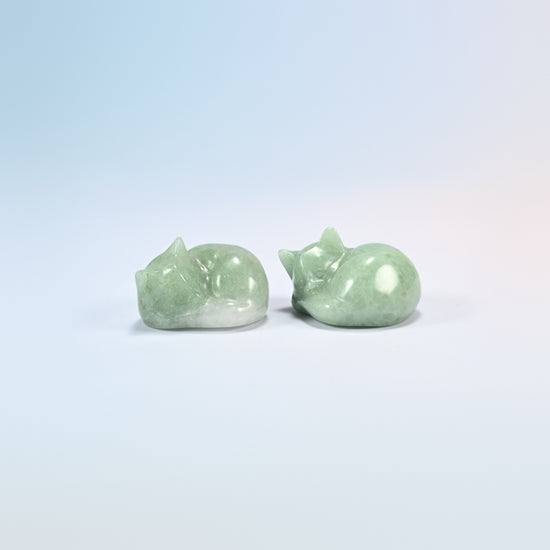 Two natural green aventurine sleeping cat crystal carvings, 1.5 inch