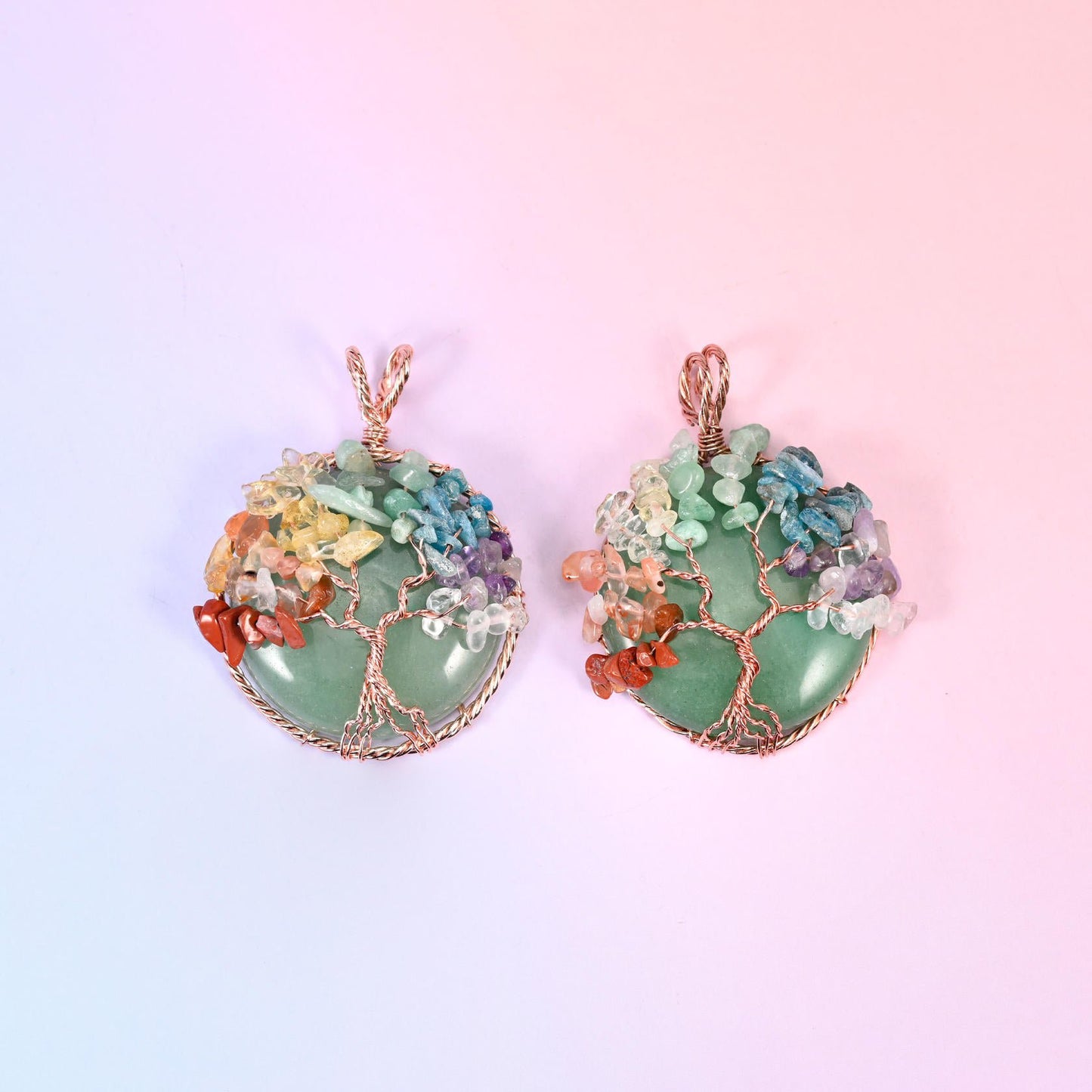 Round Gemstone Pendant with Copper Wired Tree of Life, a flat polished stone disc framed in rose-toned copper wire