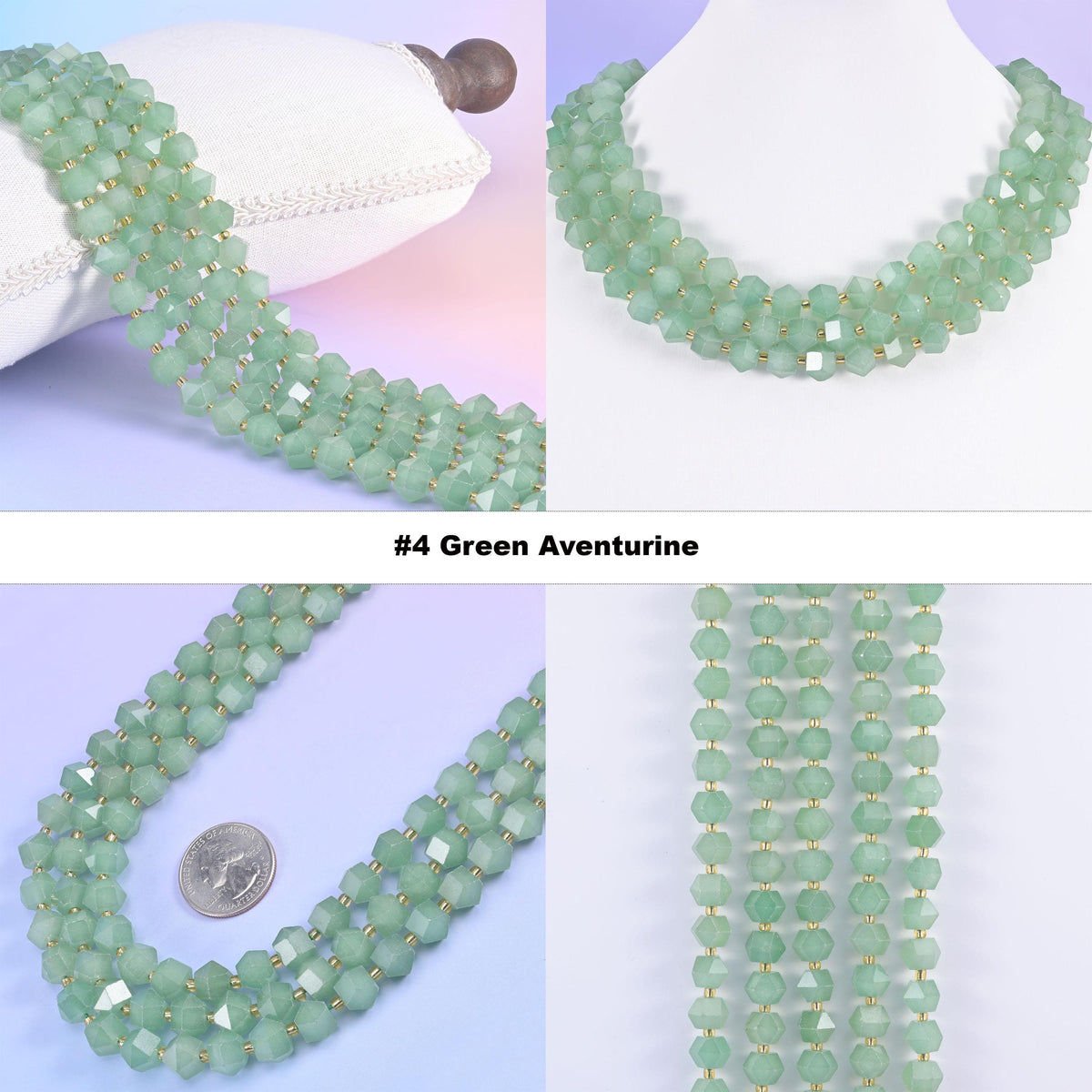 Faceted 8 sides diamond rhombus beads in green aventurine, option 4 shown in four views, soft green with cloudy white swirls inside.