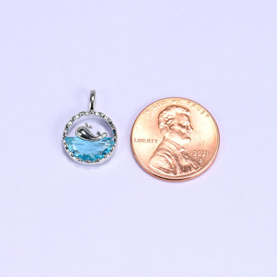 Silver round zirconia whale charm, approximately 17mm x 12mm