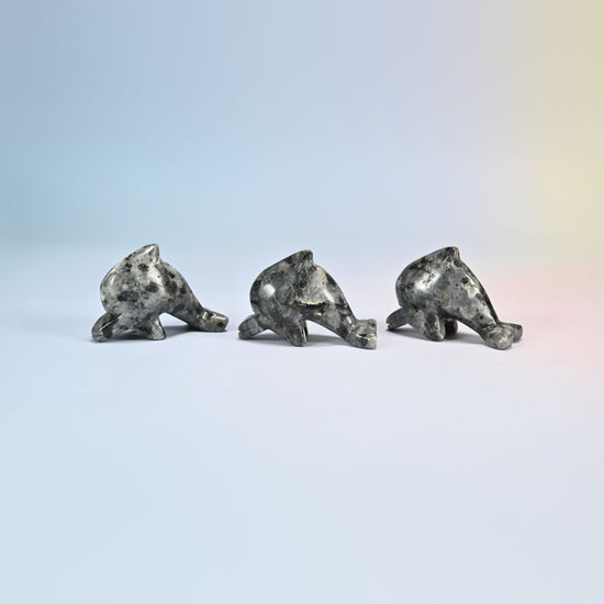 Three black labradorite dolphin crystal carvings, 2 inch, dark gray natural stone with light flecks
