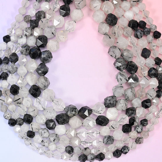 Black Rutilated Quartz beads, 8mm, approximately 47 per strand.