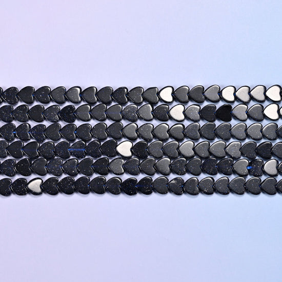 Midnight Blue Sandstone Flat Heart Beads 6mm in midnight blue with metallic sparkle