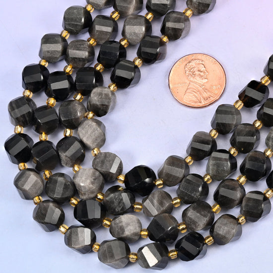 10mm silver obsidian faceted spiral twist beads for bracelets, necklaces and earrings