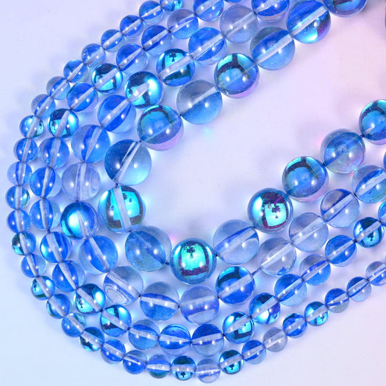 Iridescent Blue Round Glass Beads, 15 inch strand