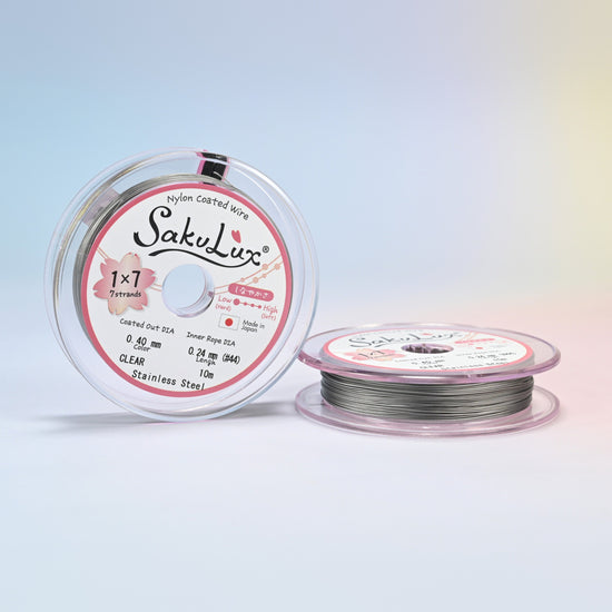 Two rolls of steel gray 0.4mm nylon coated stainless steel beading wire, 7 strand with 0.24mm inner wire, 10 meter roll