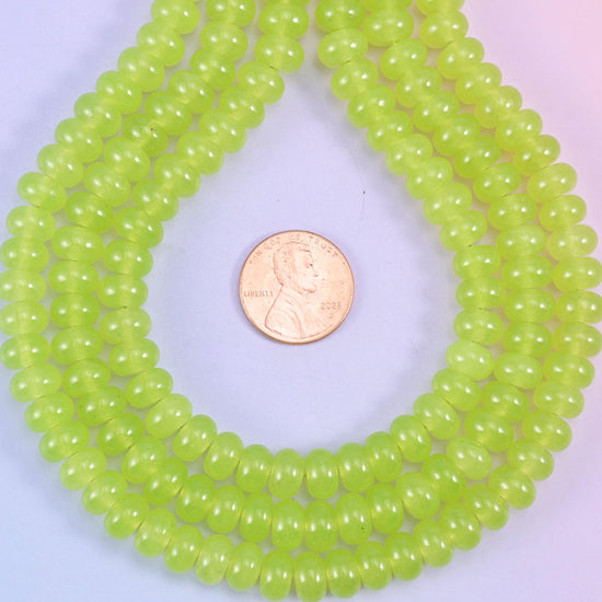 Lime Green Dyed Jade smooth rondelle beads in a bright, juicy lime green, finished with a smooth, polished surface