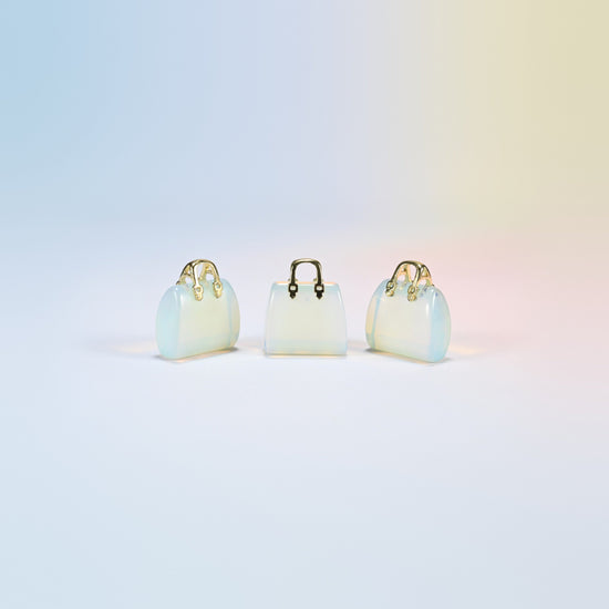 Three opalite purse crystal carvings, 1 inch, glowing milky white man-made glass, gold-tone handle