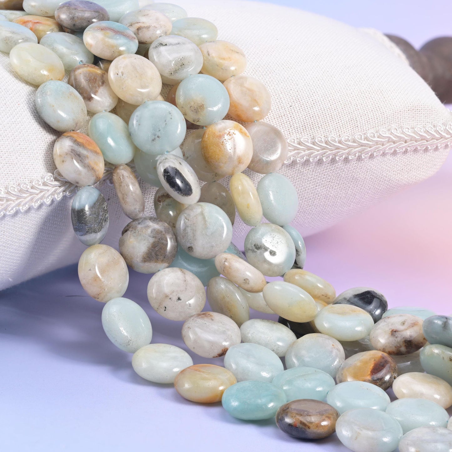 Natural Multi-Color Amazonite smooth coin beads in seafoam, sky blue, cream, and mustard tan