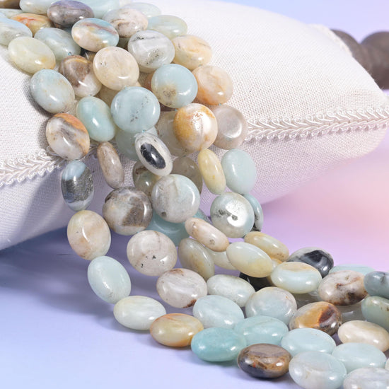 Natural Multi-Color Amazonite smooth coin beads in seafoam, sky blue, cream, and mustard tan
