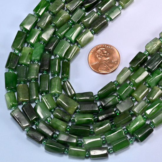 Coiled strands of Canadian Green Jade faceted tube beads, 8x7mm to 12x7mm natural nephrite tubes with cream white streaking