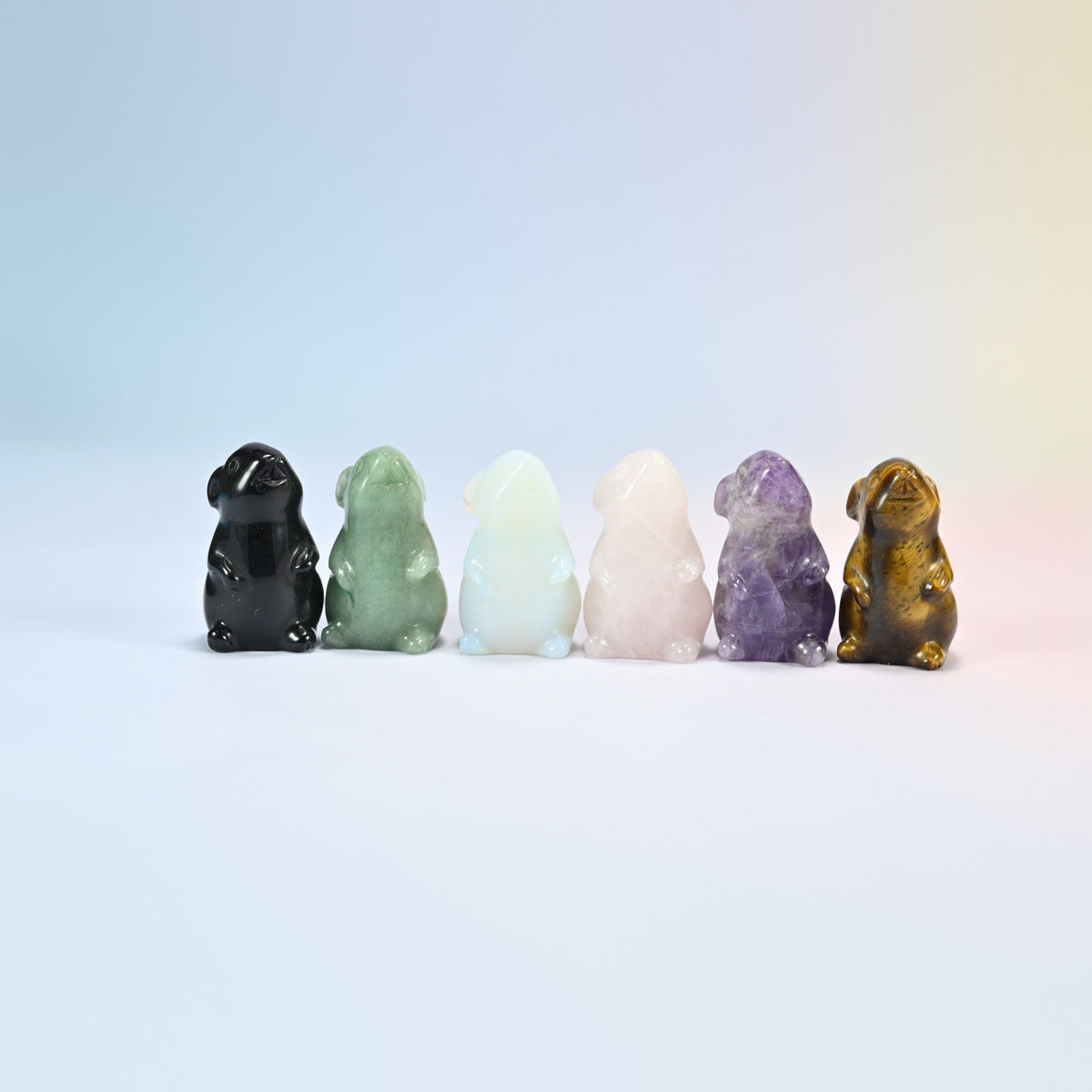 Six 1.5 inch mouse crystal carvings in natural black obsidian, green aventurine, rose quartz, amethyst, tiger eye and opalite (man-made glass)