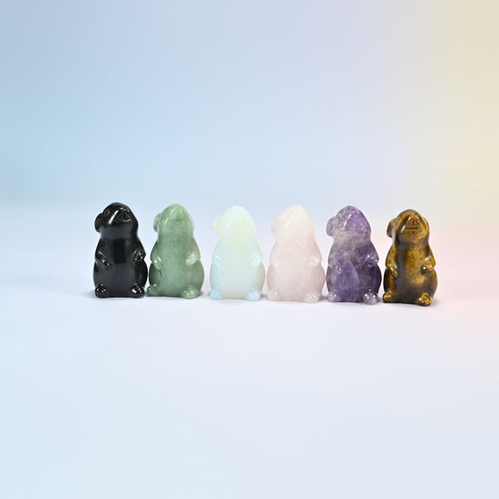 Six 1.5 inch mouse crystal carvings in natural black obsidian, green aventurine, rose quartz, amethyst, tiger eye and opalite (man-made glass)