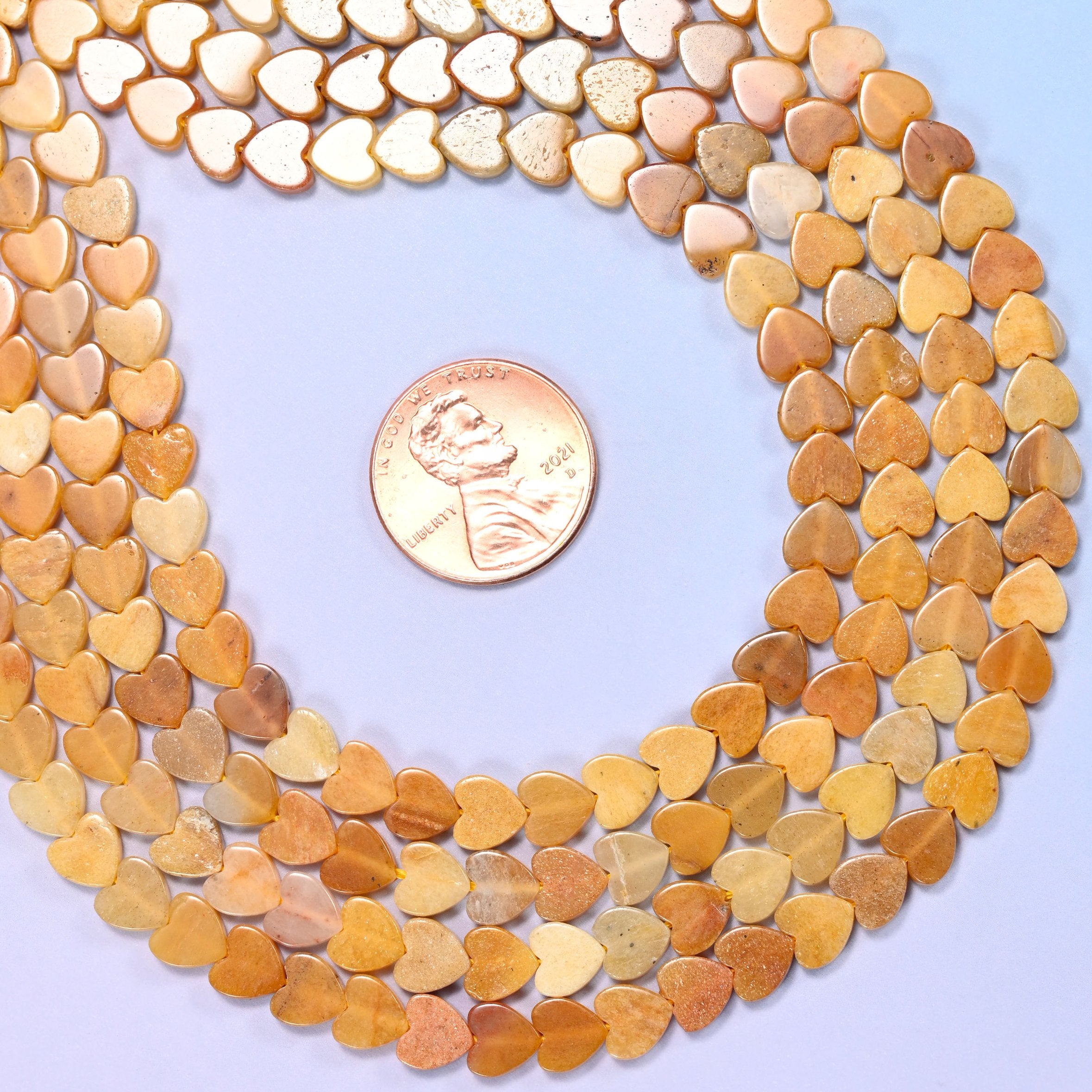 Gold Silk Jade Flat Heart Beads: Size 6mm, Jewelry Making, 15 Inch Strand