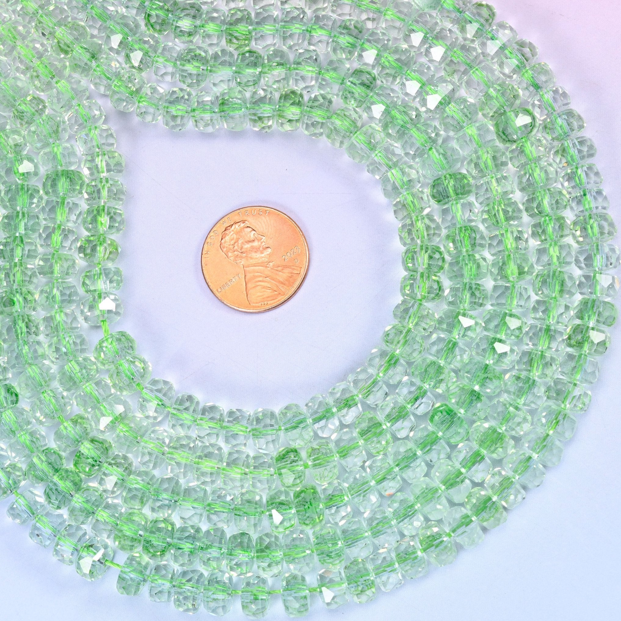 Transparent Green Faceted Rondelle Glass Beads, approximately 82 beads per strand