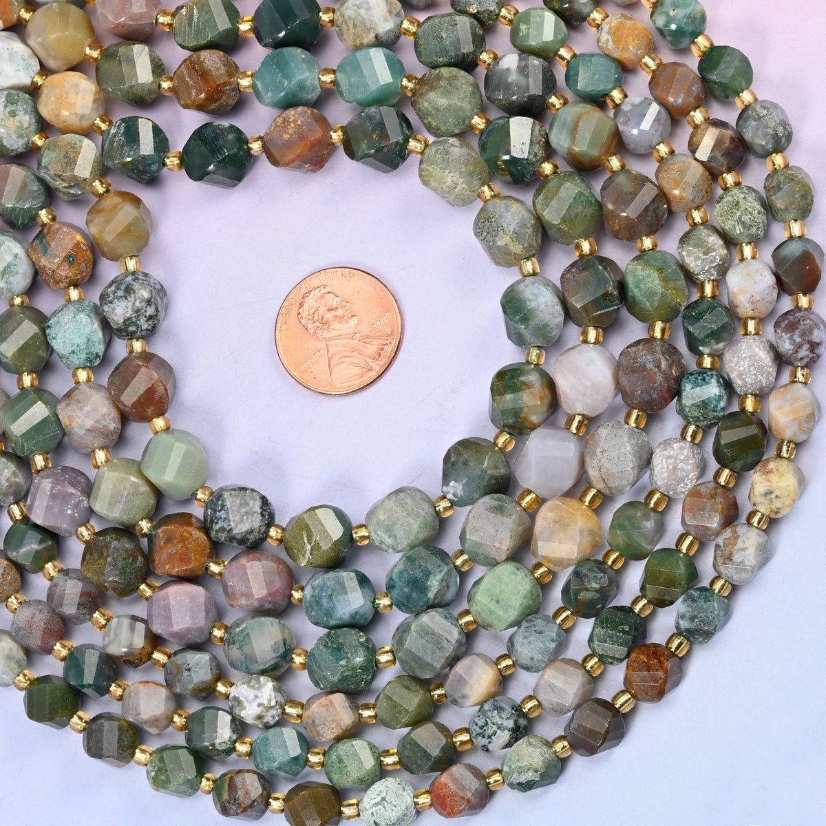 Indian Agate Faceted Spiral Twist Beads, moss and forest green, dove grey, cream and warm tan mixed along the strand