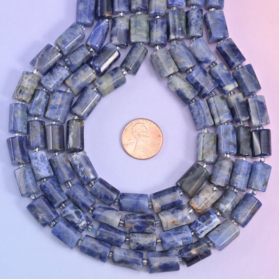Natural Sodalite faceted tube cylinder beads, a rich blue color with a faceted shape