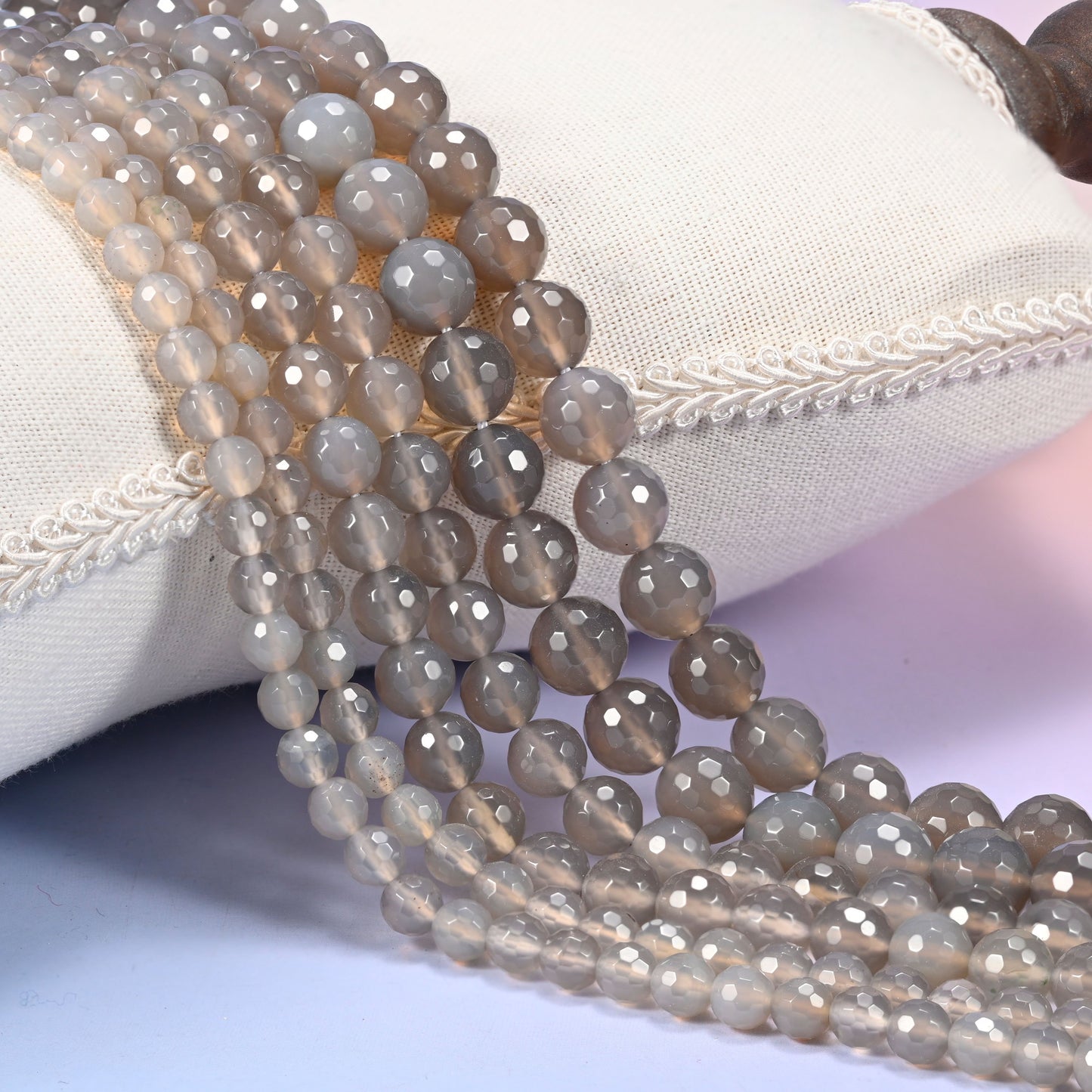 Gray agate faceted round beads in 6mm, 8mm, and 10mm, 15-inch strand, for jewelry making.
