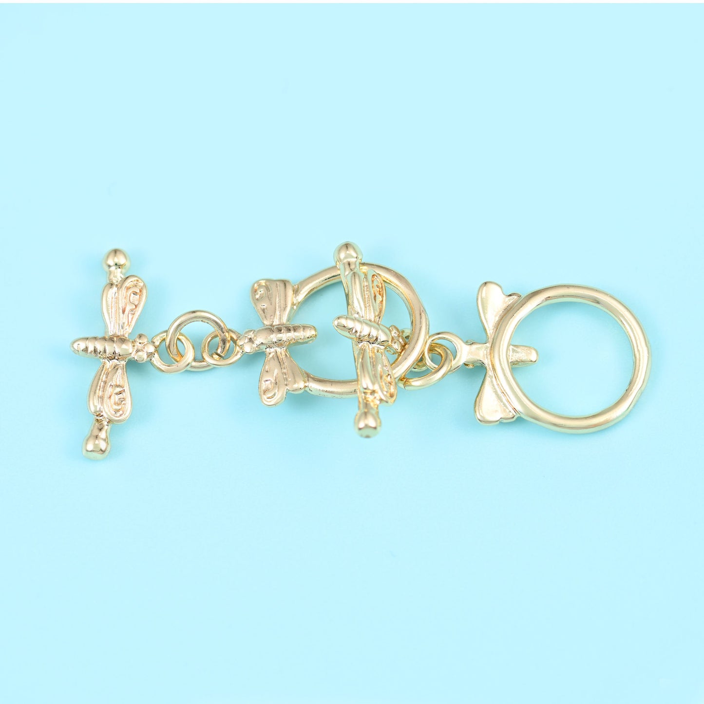 18K Gold Filled Dragonfly Toggle Clasp, detailed dragonfly perched on a round gold loop