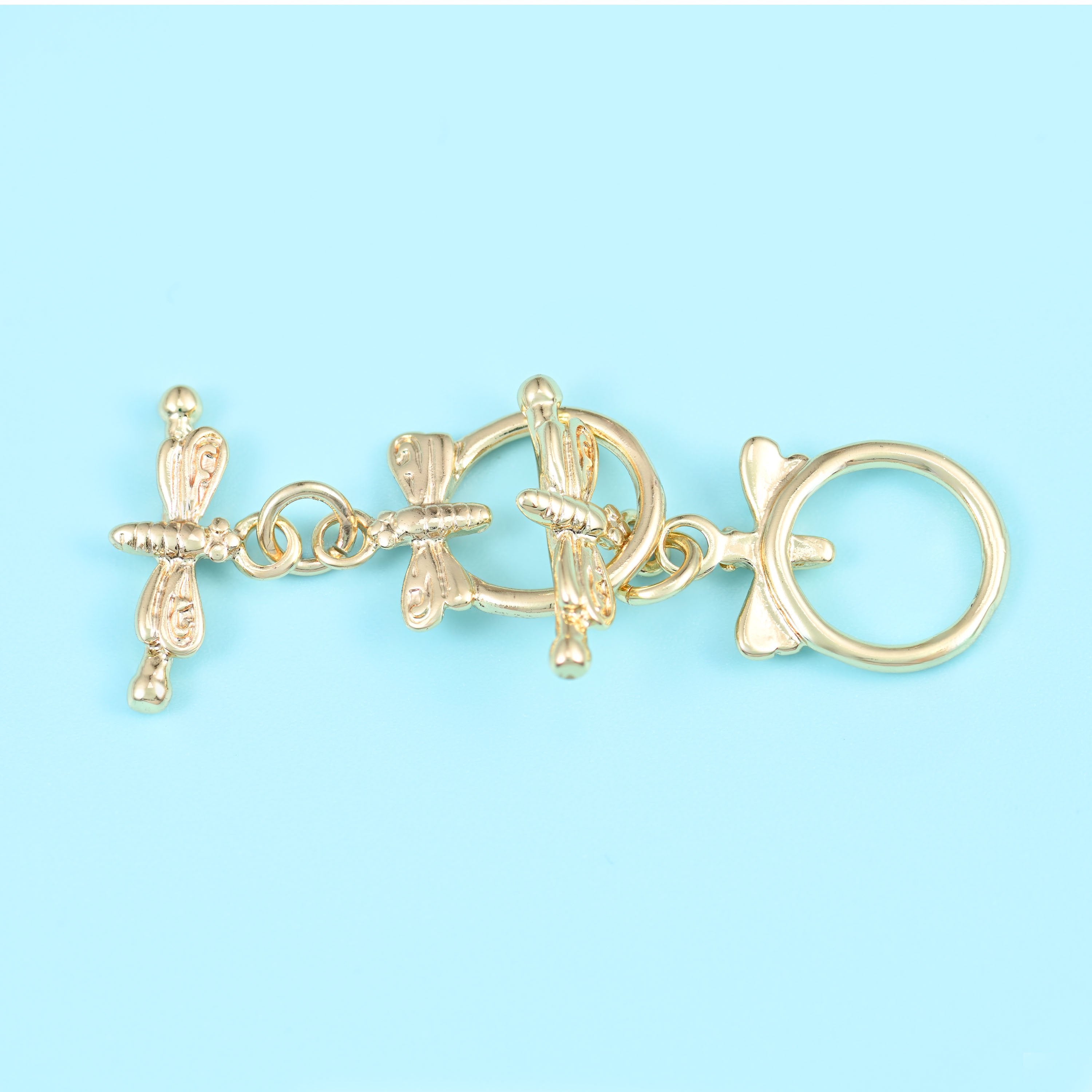 18K Gold Filled Dragonfly Toggle Clasp, detailed dragonfly perched on a round gold loop