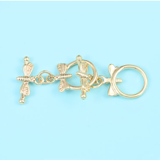 18K Gold Filled Dragonfly Toggle Clasp, detailed dragonfly perched on a round gold loop