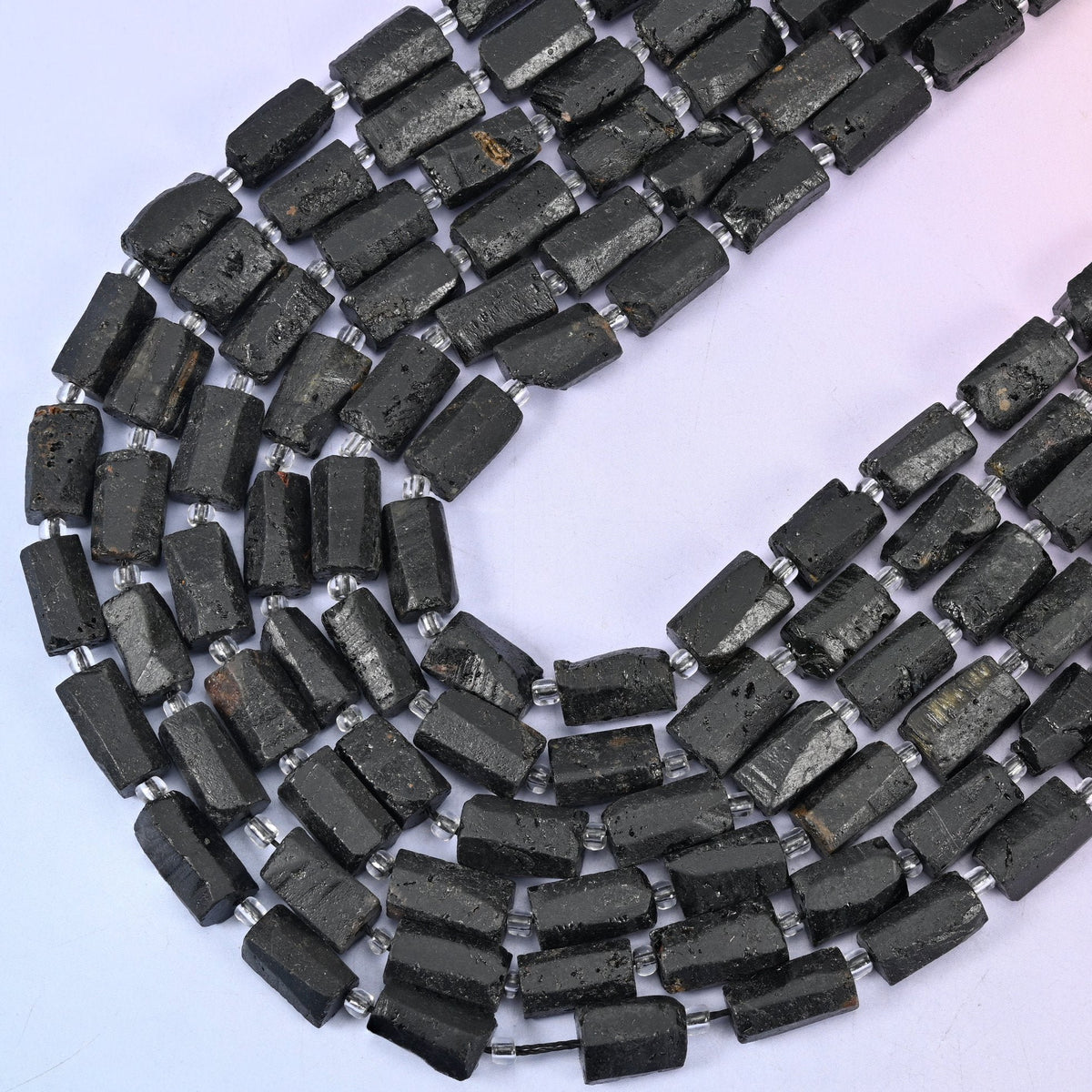 Raw Black Tourmaline Faceted Tube Beads, 15.5 inch strand