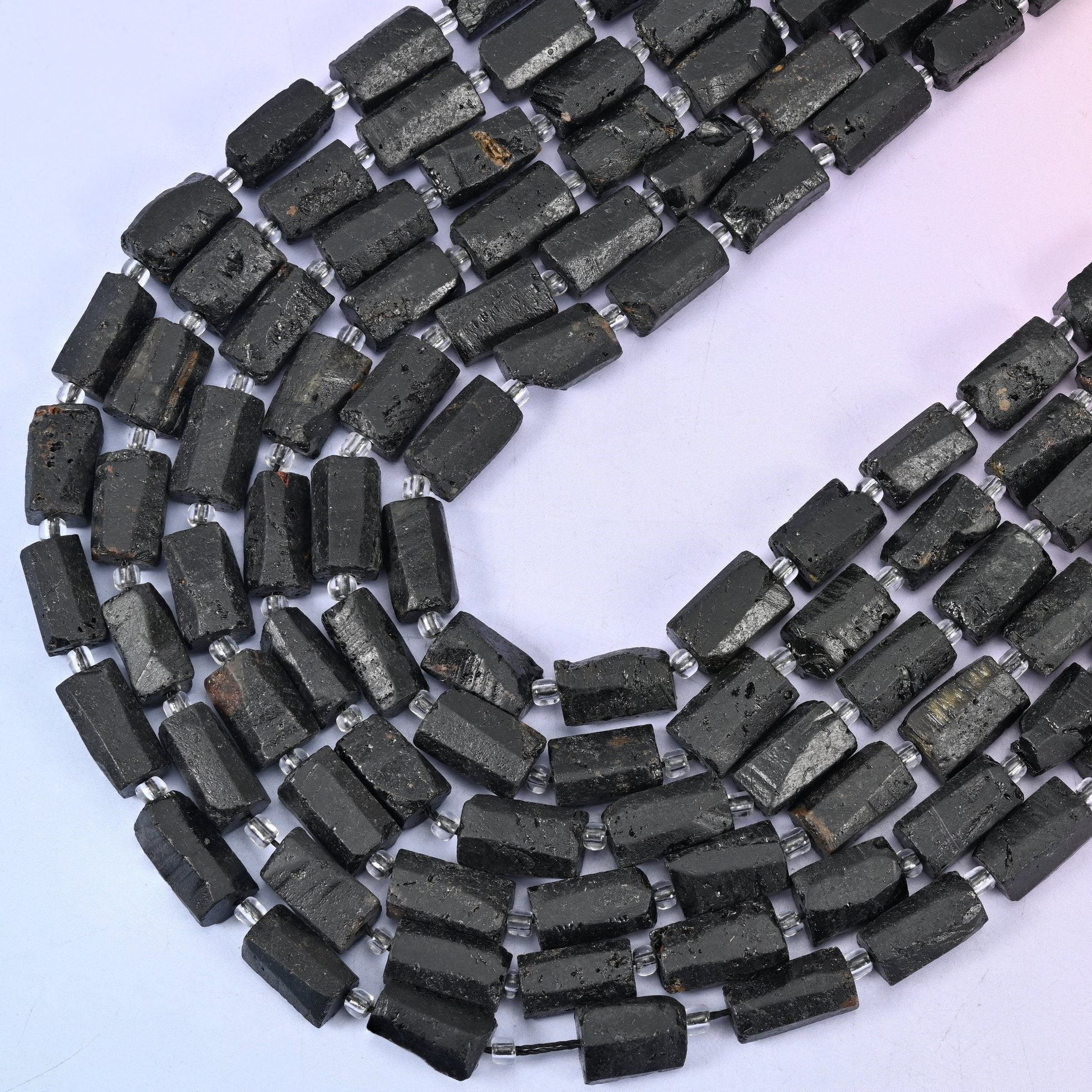 Raw Black Tourmaline Faceted Tube Beads, 15.5 inch strand