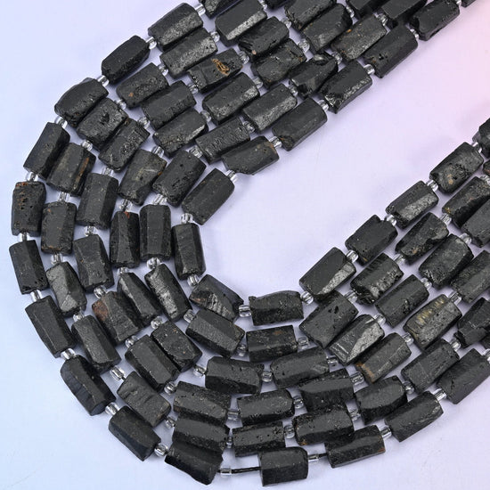 Raw Black Tourmaline Faceted Tube Beads, 15.5 inch strand
