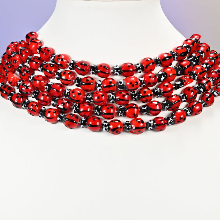 Ladybug glass beads, red with black spots, 13.40x9.60mm
