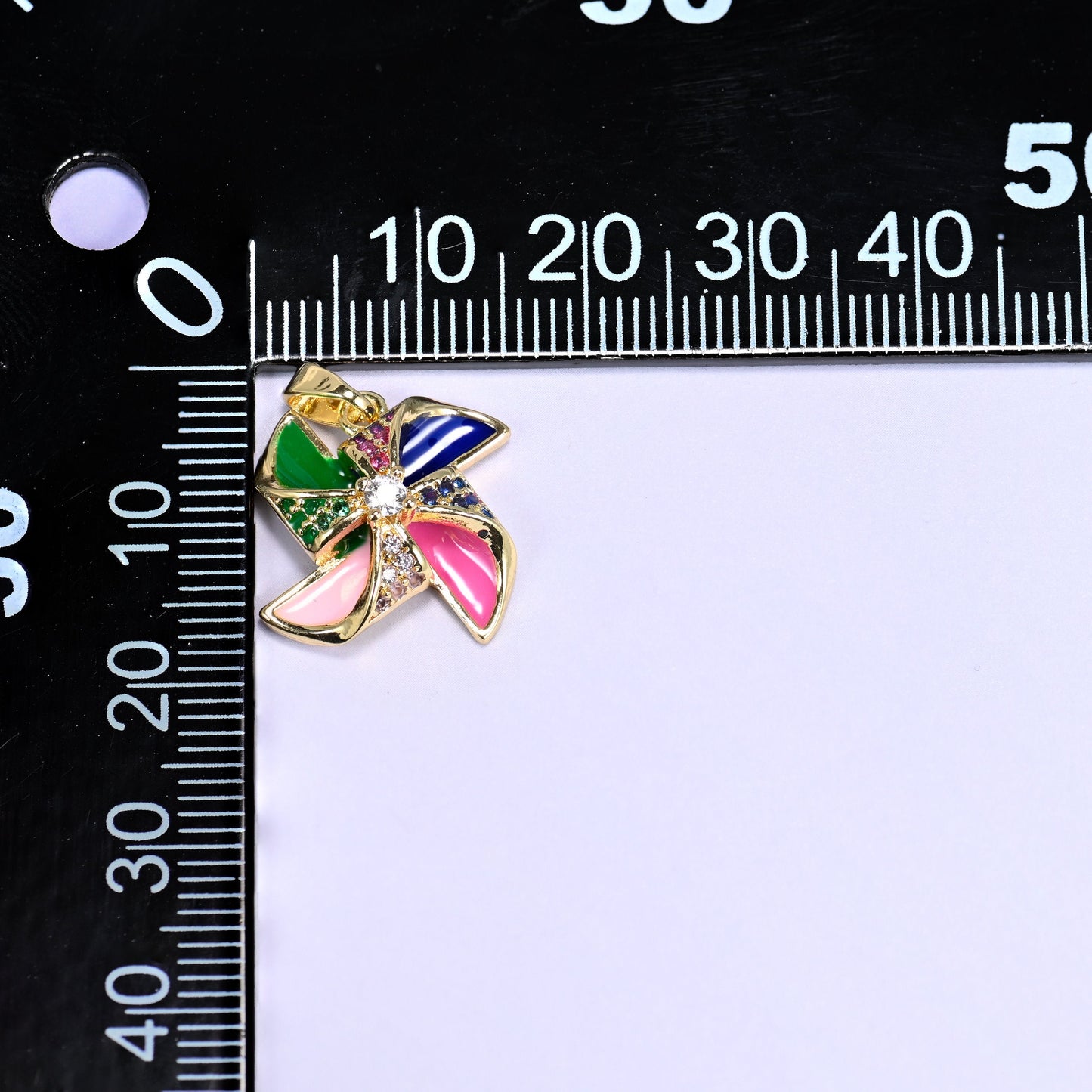 18K Gold Plated Brass Windmill Charm Pendant with colorful enamel pinwheel blades and a sparkling clear zircon center
