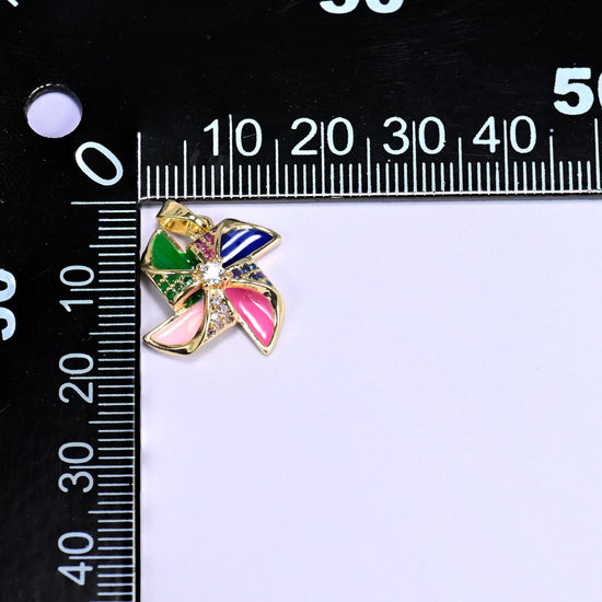 18K Gold Plated Brass Windmill Charm Pendant with colorful enamel pinwheel blades and a sparkling clear zircon center