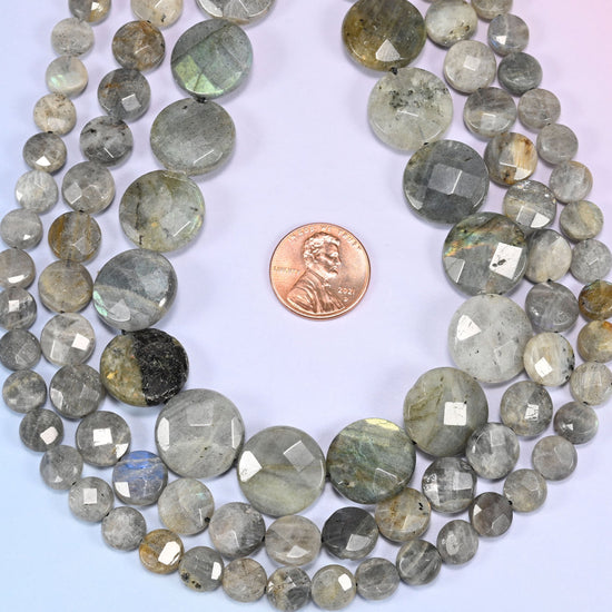 Gray Labradorite faceted coin beads in a teardrop loop, sold per 15 inch strand