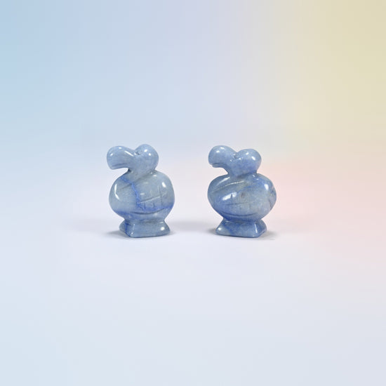 Two blue aventurine dodo bird crystal carvings, 1.5 inch, blue natural stone with fine sparkle
