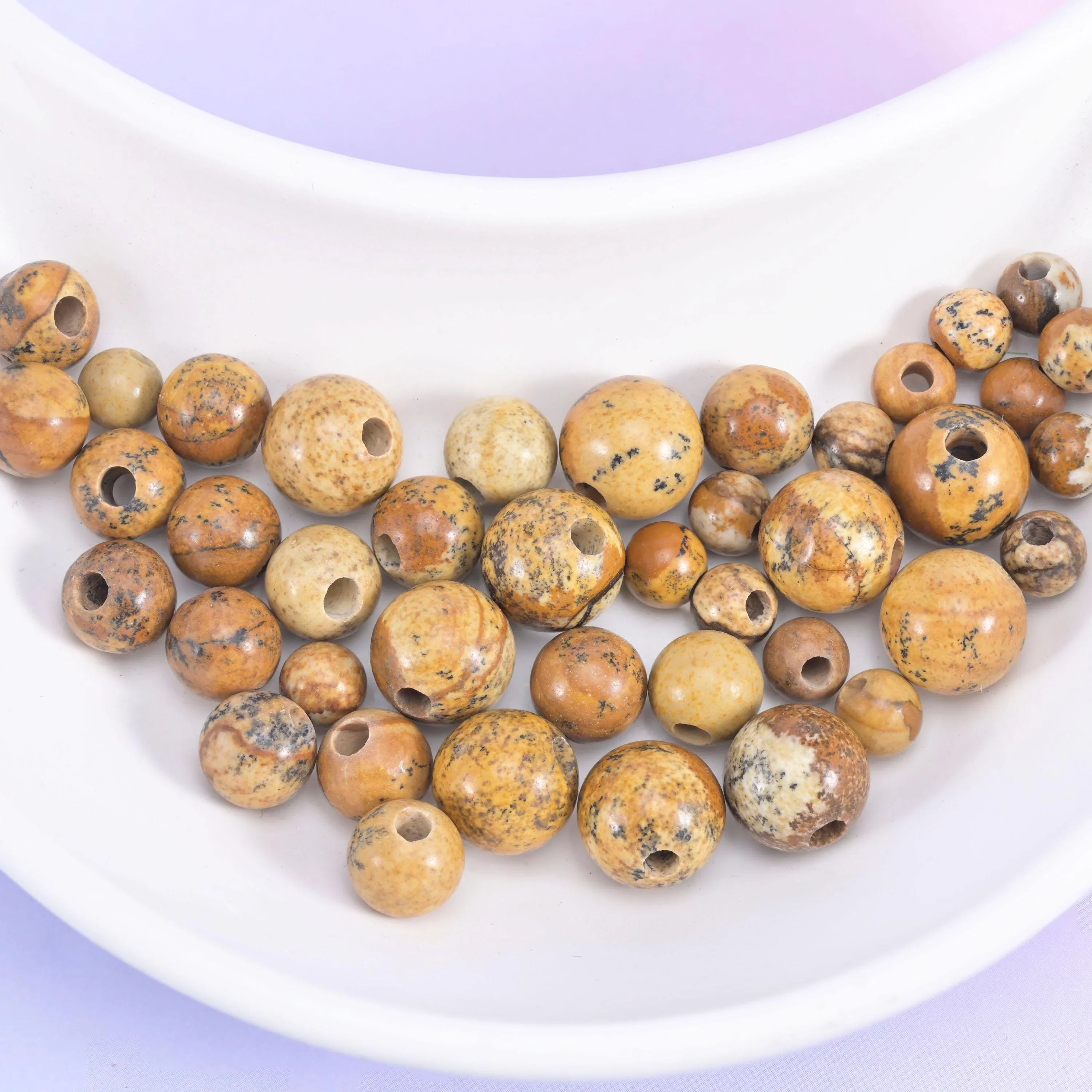 Picture Jasper Large Hole Round Beads 6mm 8mm 10mm in sand and camel brown with dark line markings