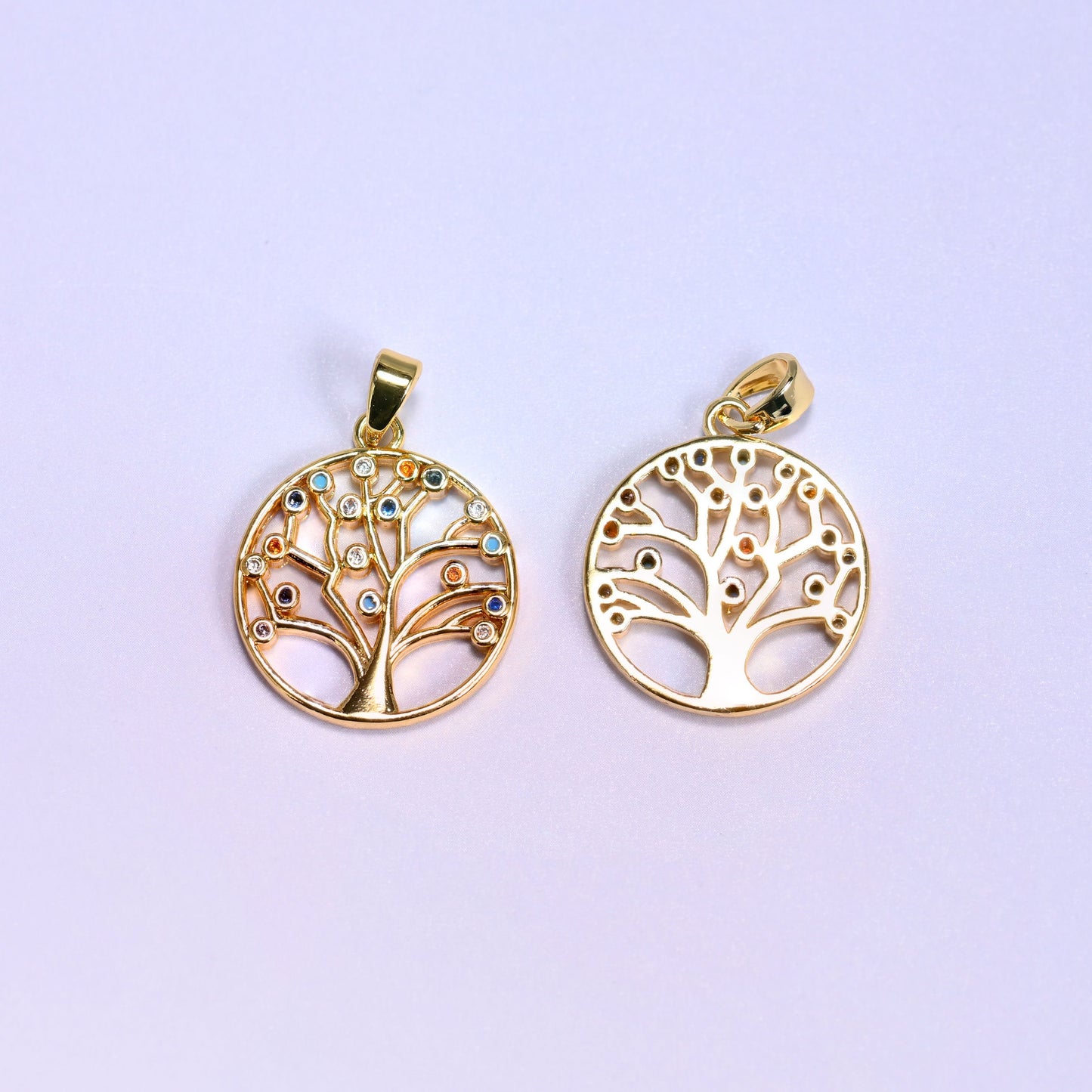 Round Tree of Life Multicolor Zircon Charms with an openwork branch design