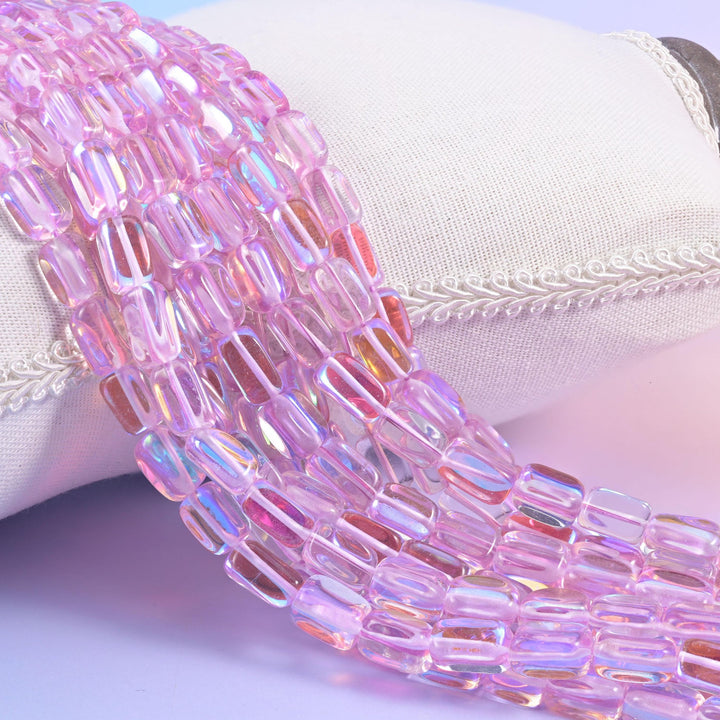 Light Purple Mystic Aura Rectangle Glass Beads, glossy glass with iridescent glow