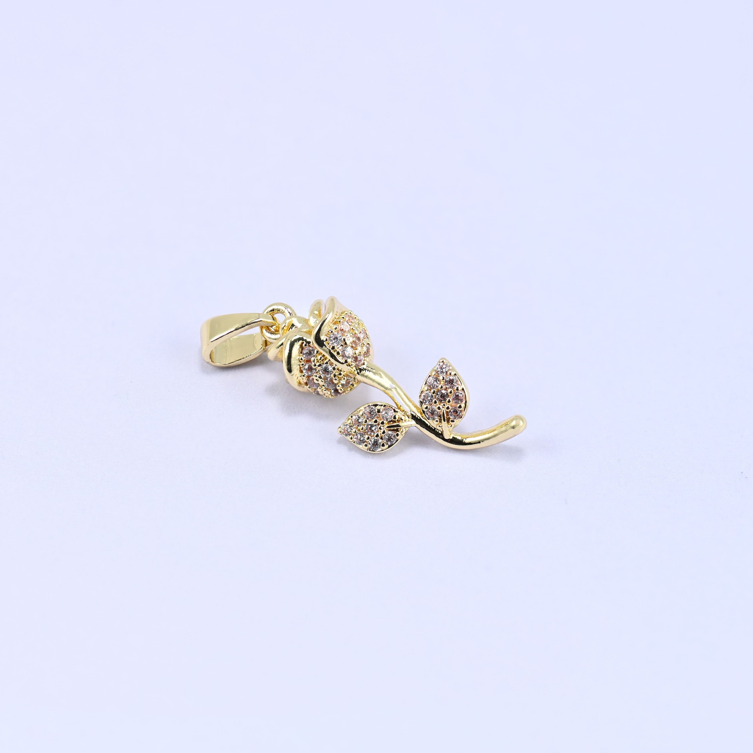 Gold rose flower zircon charm pendant, sculpted flower and leaf design