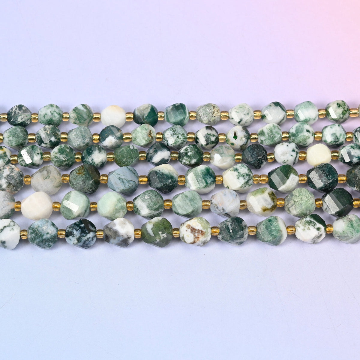 Tree Agate beads in milky white agate crossed by deep forest and moss green dendritic branching